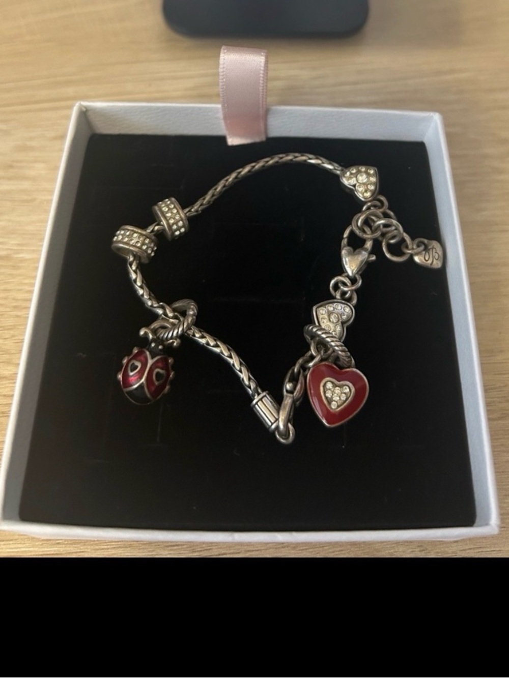 Brighton- Silver Bracelet with Red Enamel Heart and Ladybug Charms